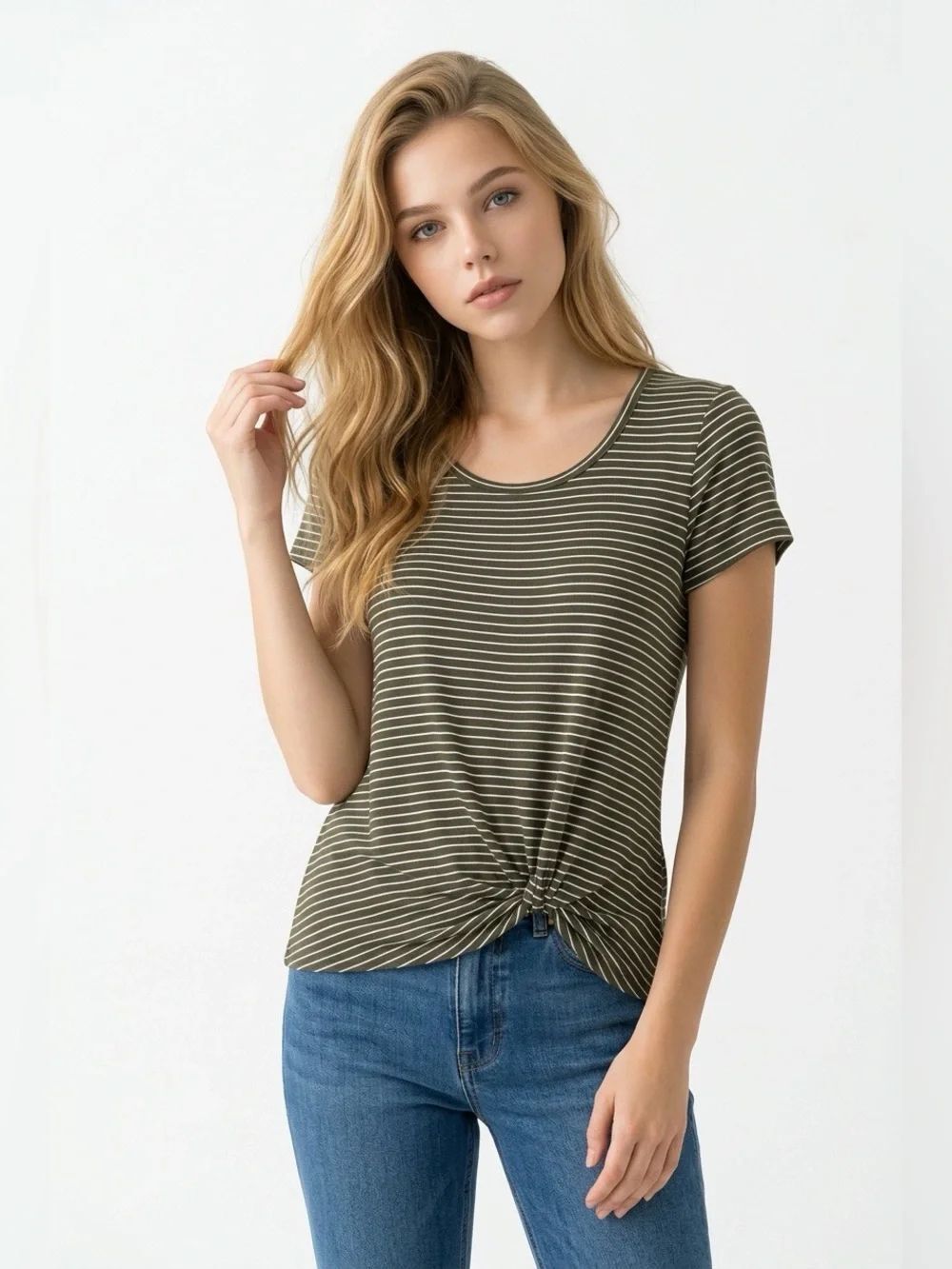 nine britton Olive & White Striped Knot-Front Tee